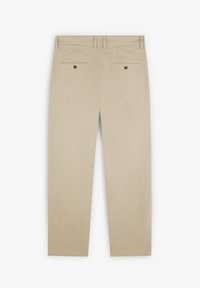 Beige tailored trousers with belt loops, two back welt pockets secured by brown buttons, displayed flat from the rear.