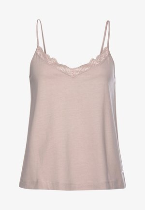 Cami top in soft beige fabric, featuring delicate lace trim along the V-neckline, adjustable spaghetti straps, and a relaxed fit.