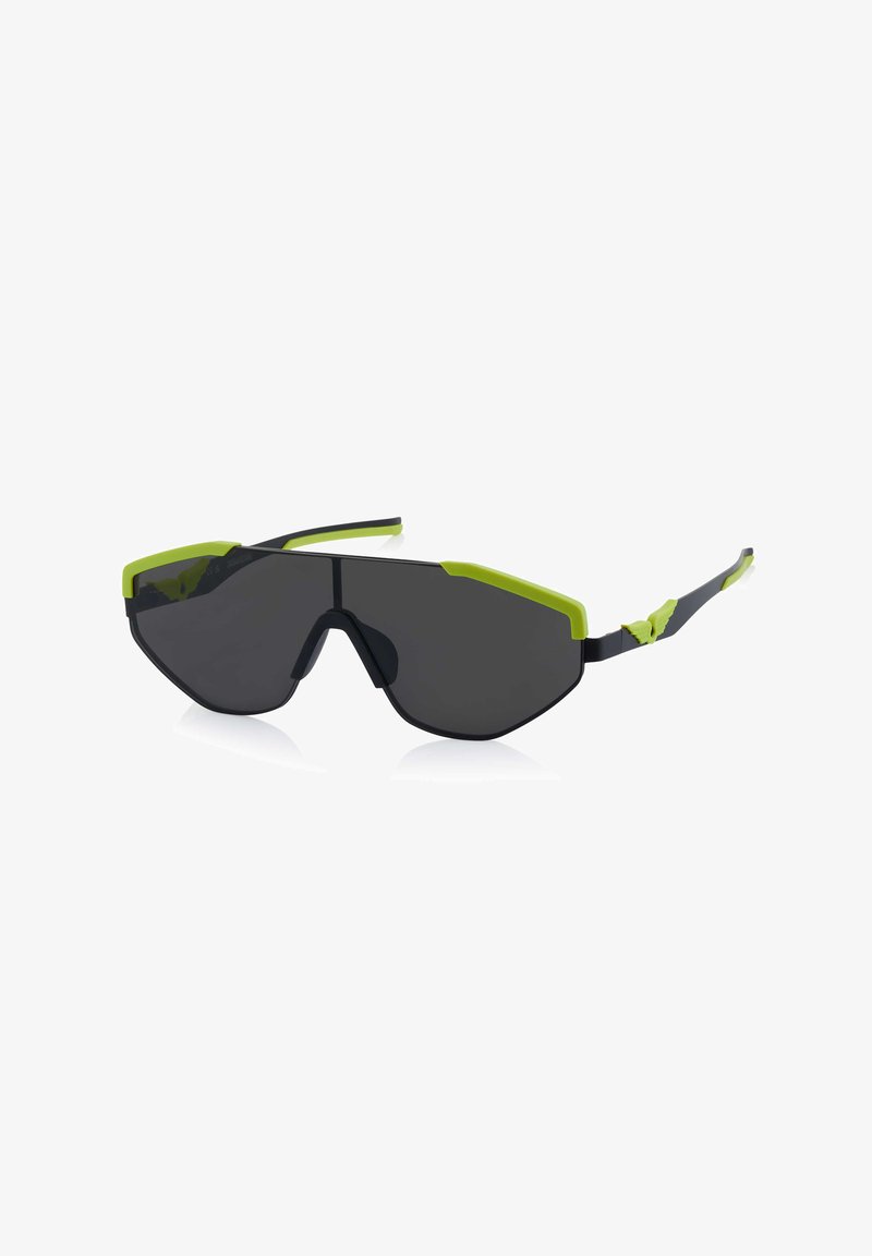 Schwarze Sonnenbrille mit rahmenlosem Design, die leuchtend grüne Akzente an der Oberseite und an den Bügeln aufweist. Dunkle Gläser und eine sportlich-eckige Form.