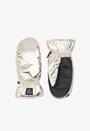 Metallic silver mittens with black leather palms, elastic cuffs, and a logo patch. Smooth texture with a puffy design for warmth.