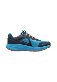 Zapatilla deportiva en azul y negro con acentos naranjas. Presenta una parte superior de malla, suela texturizada y talón reforzado. Diseño ligero adecuado para correr.
