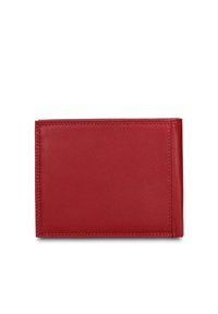 Rode leren portemonnee met een gladde textuur, bi-fold ontwerp en zichtbare stiksels, met een slank profiel en rechthoekige vorm.
