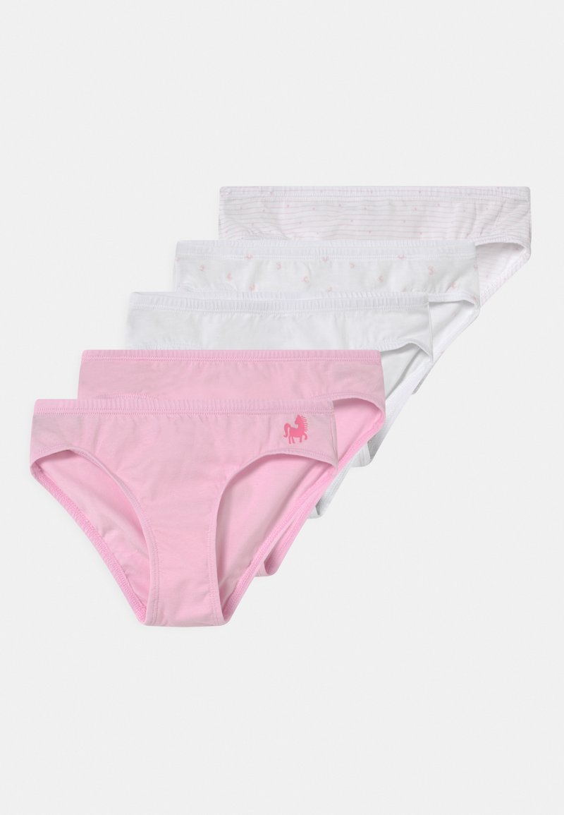 Pack de cinq culottes en coton comprenant une paire rose avec un logo de licorne et quatre paires blanches avec divers motifs subtils.