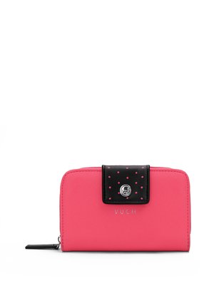 Pink synthetic wallet featuring a black polka-dotted flap and silver hardware with "VUCH" branding. Rectangular shape with zip closure.