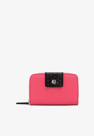 Pink synthetische Geldbörse mit schwarzem, gepunktetem Überschlag und silberner Hardware mit "VUCH"-Markenlogo. Rechteckige Form mit Reißverschluss.