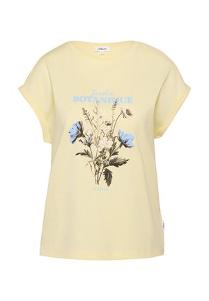 Hellgelbes T-Shirt mit kurzen Ärmeln, blauem und beigem Blumenmuster sowie dem Schriftzug "Jardin Botanique" auf der Vorderseite.