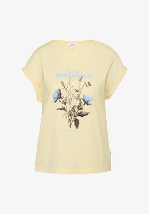 Hellgelbes T-Shirt mit kurzen Ärmeln, blauem und beigem Blumenmuster sowie dem Schriftzug "Jardin Botanique" auf der Vorderseite.