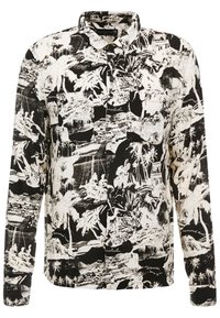 Langärmliges Hemd mit Knopfleiste, schwarzem und weißem tropischem Landschaftsmuster, aus weichem Stoff, mit klassischem Kragen und Brusttasche.