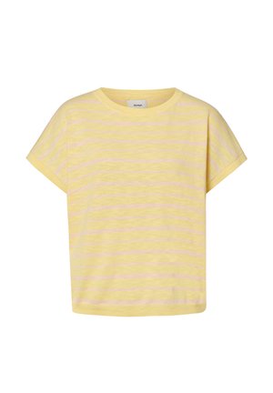 Gele T-shirt met korte mouwen, losse pasvorm, met dunne roze horizontale strepen en een ronde hals.