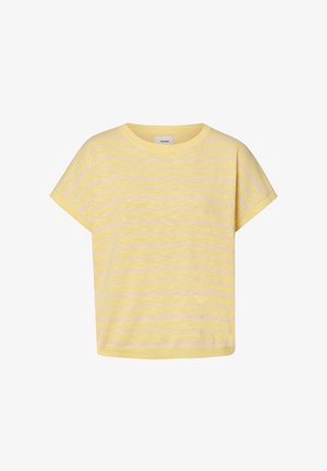 T-shirt jaune à manches courtes, coupe décontractée, avec fines rayures horizontales roses et encolure ronde.