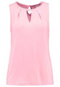 Top senza maniche di un tenue rosa chiaro con scollatura rotonda, piccolo taglio a forma di chiave al petto e sottili decorazioni sul collo. Tessuto liscio.