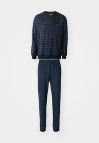 Ensemble de lounge marine comprenant un haut à manches longues en motif quadrillé avec col ras du cou et un pantalon avec taille élastique assorti, tous deux en tissu doux.