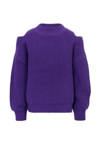 Dikke gebreide paarse trui met koude schouder uitsparingen en geribbelde manchetten en kraag, weergegeven op een effen witte achtergrond.