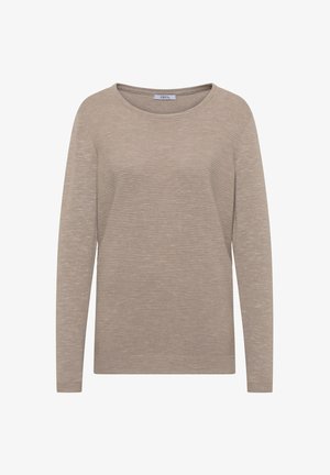 Beige langærmet sweater med rund halsudskæring, der har en diskret horisontal ribbet tekstur og en afslappet pasform.