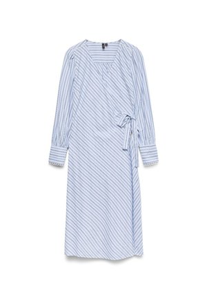 Světle modré midi šaty s dlouhým rukávem s diagonálními bílými a námořnickými pruhy, čtvercovým výstřihem, manžetami na rukávech a detailem zavazování po straně.
