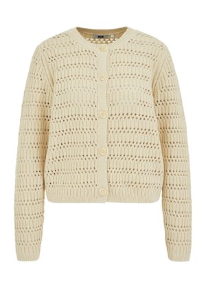 Pletený kardigán v svetlo béžovej farbe s texturovaným otvoreným vzorom, okrúhlym výstrihom a šiestimi veľkými gombíkmi vpredu. Dlhé rukávy.