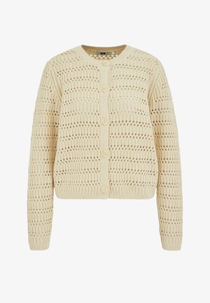 Pletený kardigán v svetlo béžovej farbe s texturovaným otvoreným vzorom, okrúhlym výstrihom a šiestimi veľkými gombíkmi vpredu. Dlhé rukávy.