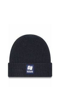 Marineblaue gestrickte Mütze mit gerippter Textur und umgeschlagenem Bündchen. Besitzt ein weiß-blaues Patch, das "GB" und das Logo der "Green Bay Packers" zeigt.