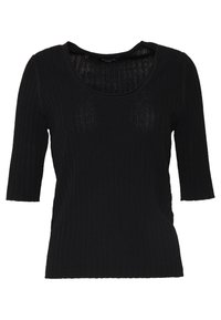 Musta ribbed neulepaita, jossa on pyöreä kaula-aukko ja kolmannen neljänneksen hihat. Paita on muotoileva ja siinä on teksturoitu kangas.