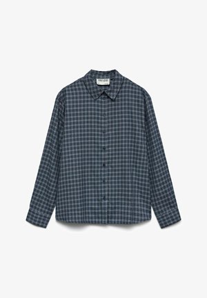 Langamige blouse in marineblauw en groene ruit, met knoopsluiting en een kraag, met een relaxte pasvorm en zachte katoen stof.