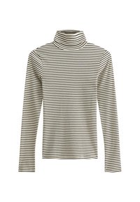 Top de cuello alto a rayas negras y crema, de manga larga, textura acanalada, ajuste ceñido. Diseño clásico adecuado para usar en capas o por sí solo.