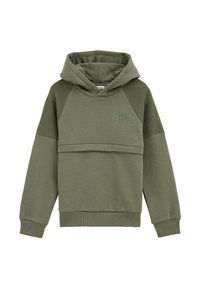 Zöld, kapucnis pulóver texturált raglán ujjakkal. Elöl zseb és domború logó részlet található rajta. Puha, rugalmas anyagból készült.