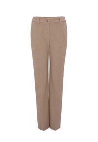 Beige Hosen mit geradem Bein, ausgestattet mit einem einzigen Knopfverschluss und einer glatten Textur. Keine sichtbaren Muster oder Akzente.