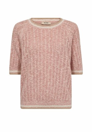 Suéter corto de manga corta tejido en rosa y blanco con cuello redondo y puños y borde acanalados.