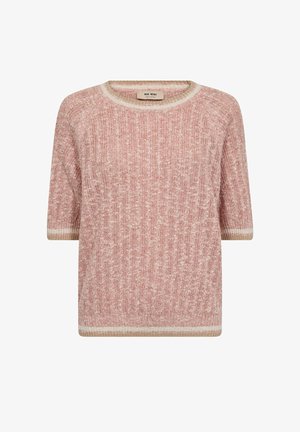 Rózsaszín-fehér kötött rövid ujjú pulóver környakkal, bordázott mandzsettákkal és szegéllyel.