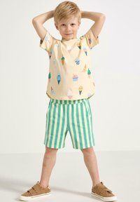 Ljust beige T-shirt med färgglada glasskon-tryck, parat med gröna och krämfärgade randiga shorts. Bruna skor med kardborreband.
