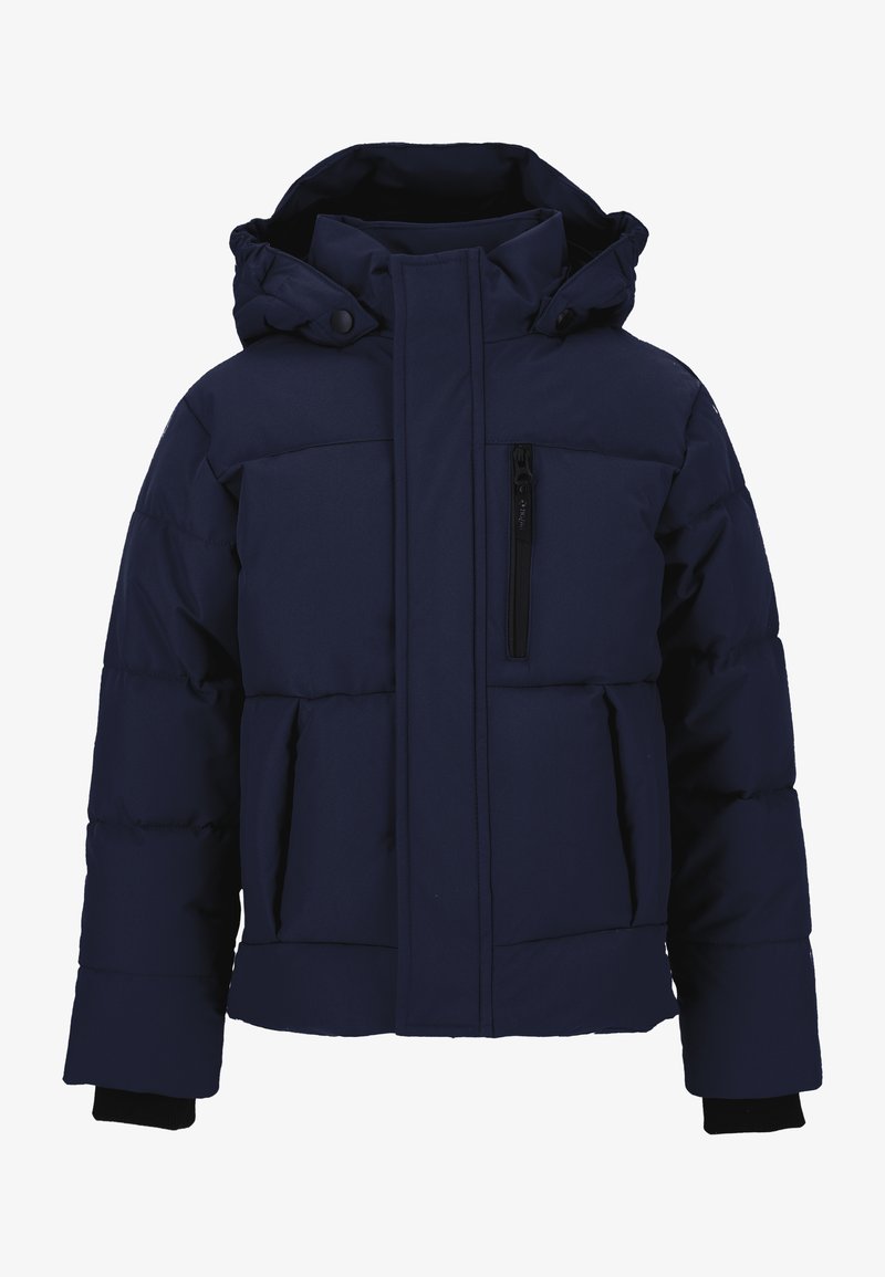 Marineblaue Steppjacke mit Reißverschluss und Druckknopfverschluss, zwei Fronttaschen und gerippten Bündchen; wattiert für Wärme und aus wasserabweisendem Material gefertigt.