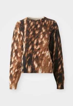 Brown and black patterned sweater with a round neck, ribbed hem and cuffs, featuring a soft knit texture and splatter design.