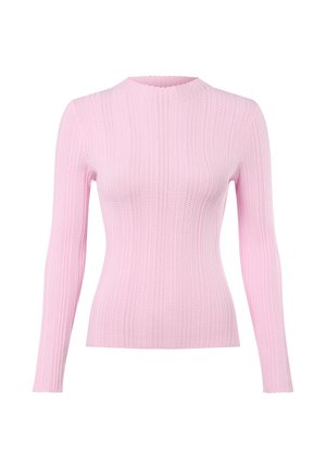 Rosa geripptes Langarmpullover mit Rundhalsausschnitt. Verfügbar mit einem strukturierten Strickmuster und einer gewellten Saumverzierung. Leichter Stoff.