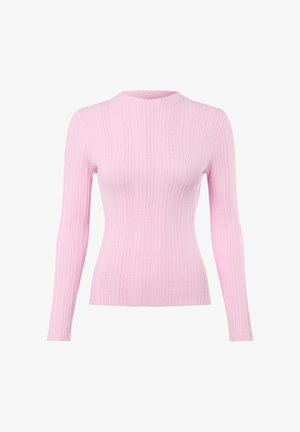 Rosa geripptes Langarmpullover mit Rundhalsausschnitt. Verfügbar mit einem strukturierten Strickmuster und einer gewellten Saumverzierung. Leichter Stoff.