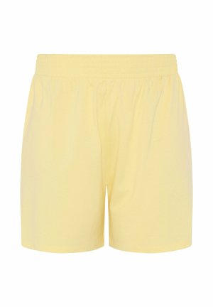 Lichtgele shorts met elastische taille, een eenvoudig ontwerp en een gladde, lichte stoftextuur.