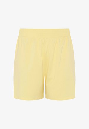 Lichtgele shorts met elastische taille, een eenvoudig ontwerp en een gladde, lichte stoftextuur.