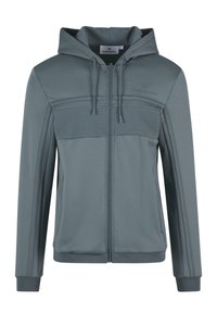 Šedá zipová mikina vyrobená z hladké tkaniny, s texturovaným panelem přes hruď, nastavitelnou kapucí na šňůrku a žebrovanými manžetami.