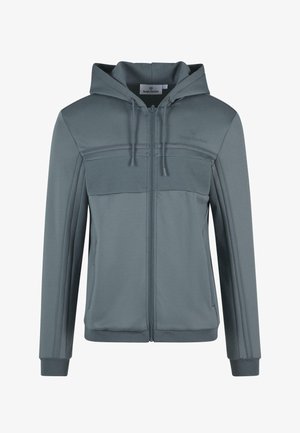 Felpa con zip grigia realizzata in tessuto liscio, con un pannello testurizzato sul petto, cappuccio regolabile con cordino e polsini a coste.