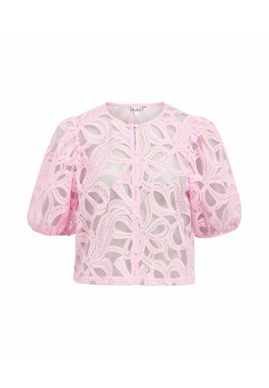 Roze kanten blouse met korte mouwen, voorzien van bloemenpatronen, knoopsluiting aan de voorkant en pofmouwen, met semi-transparante stof.