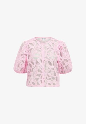 Lys rosa bluse med kort erm, blonder og blomster mønster, knappestolpe foran og puffermer, semitransparent stoff.