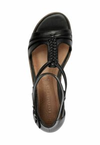 Infradito in pelle nera con design a strap intrecciato, punta aperta e soletta marrone imbottita. Presenta una cinghia regolabile per la caviglia per una vestibilità ottimale.