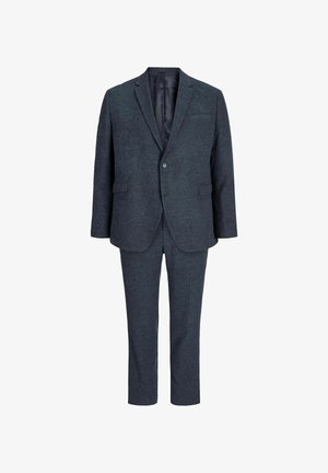 Marineblauer Wollanzug mit einem Blazer mit zwei Knöpfen, Reverskragen und geraden Hosen. Besitzt eine subtile Textur und seitliche Taschen.