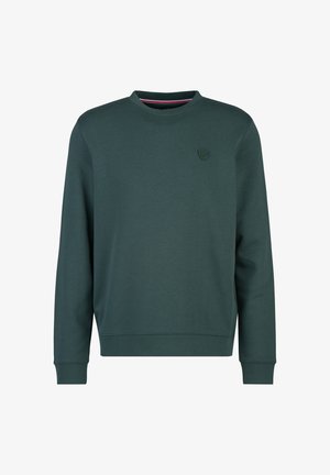 Dark green long-sleeve crewneck sweatshirt with ribbed cuffs and hem, featuring a small shield logo on the left chest.