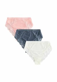 Tre par damunderkläder med vågig spetsdetalj. Färger: mjuk rosa, marinblå och ljusgul. Materialet verkar mjukt och stretchigt.