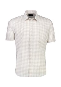 Korte mouwen shirt in lichtbeige met een gestructureerd kruispatroon. Heeft een standaardkraag en een enkele borstzak.