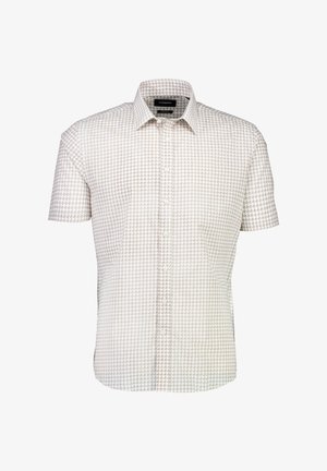 Korte mouwen shirt in lichtbeige met een gestructureerd kruispatroon. Heeft een standaardkraag en een enkele borstzak.