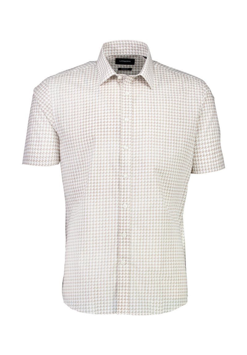 Korte mouwen shirt in lichtbeige met een gestructureerd kruispatroon. Heeft een standaardkraag en een enkele borstzak.