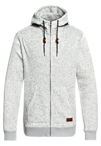 Szary polar z zamkiem błyskawicznym wykonany z teksturowanej tkaniny, z kapturem na sznurki, bocznymi kieszeniami i skórzanymi akcentami na metce marki.