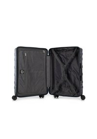 Hartschalenkoffer in Dunkelgrau mit strukturierter Oberfläche, Reißverschlussfächern, Kreuzgurten und vier Rollen für Mobilität. Das Innere ist ausgekleidet.