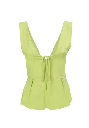 Top senza maniche verde lime con scollo a V profondo, dettaglio con fiocco frontale e vita arricciata. Realizzato in tessuto leggero e testurizzato.